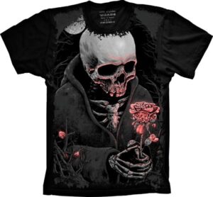 Camiseta Estilosa Fullprint Skull Caveira Com Rosa S-169
