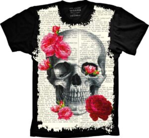 Camiseta Estilosa Fullprint Skull Caveira Rosas Vermelhas S-181