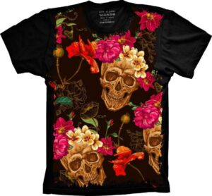Camiseta Estilosa Fullprint Skull Caveira Rosas Vermelhas S-182