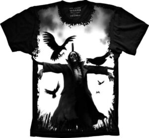 Camiseta Estilosa Fullprint Caveira Espantalho e Corvos S-196