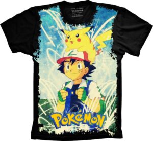 Camiseta Estilosa Fullprint Pokemon Ash e Pikachu S-233
