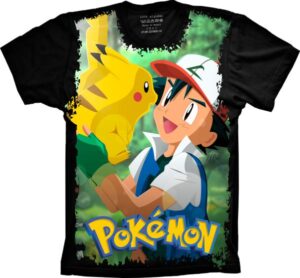 Camiseta Estilosa Fullprint Pokemon Ash e Pikachu S-234