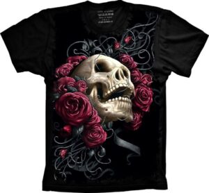 Camiseta Estilosa Fullprint Caveira e Rosas  S-251