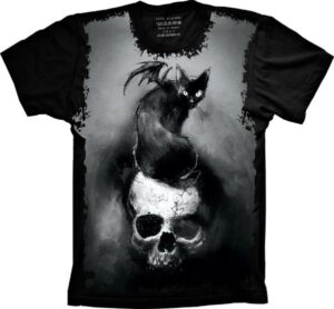 Camiseta Estilosa Fullprint Caveira e Gato  S-252
