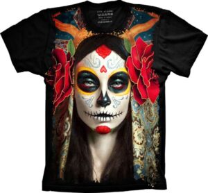 Camiseta Estilosa Fullprint Skull Caveira Mexicana Mulher S-290