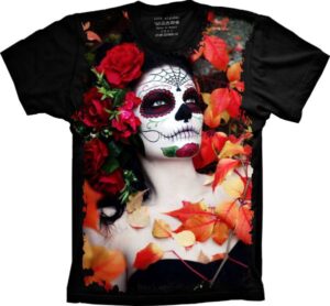 Camiseta Estilosa Fullprint Caveira Mexicana Rosas S-294