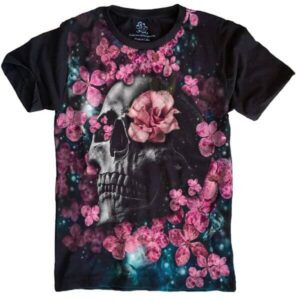 Camiseta Estilosa Fullprint Caveira e Rosas S-429