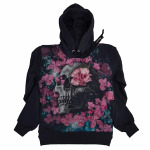 Moletom Full Print Estiloso Flanelado com Bolso e Capuz  Caveira e Rosas MSB-432
