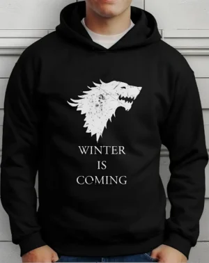 Moletom Silkscreen Estiloso Flanelado com Bolso e Capuz Game Of Trones Winter is Coming Preto