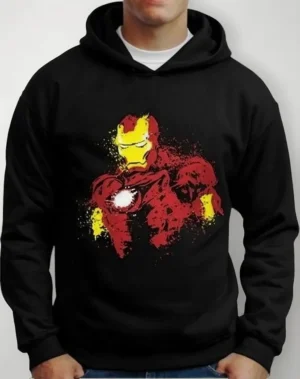 Moletom Silkscreen Estiloso Flanelado com Bolso e Capuz Iron Man Preto