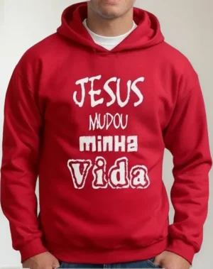 Moletom Silkscreen Estiloso Flanelado com Bolso e Capuz Jesus Mudou a Minha Vida