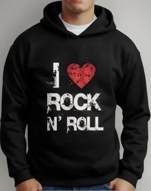 Moletom Silkscreen Estiloso Flanelado com Bolso e Capuz I love Rock N Roll Preto