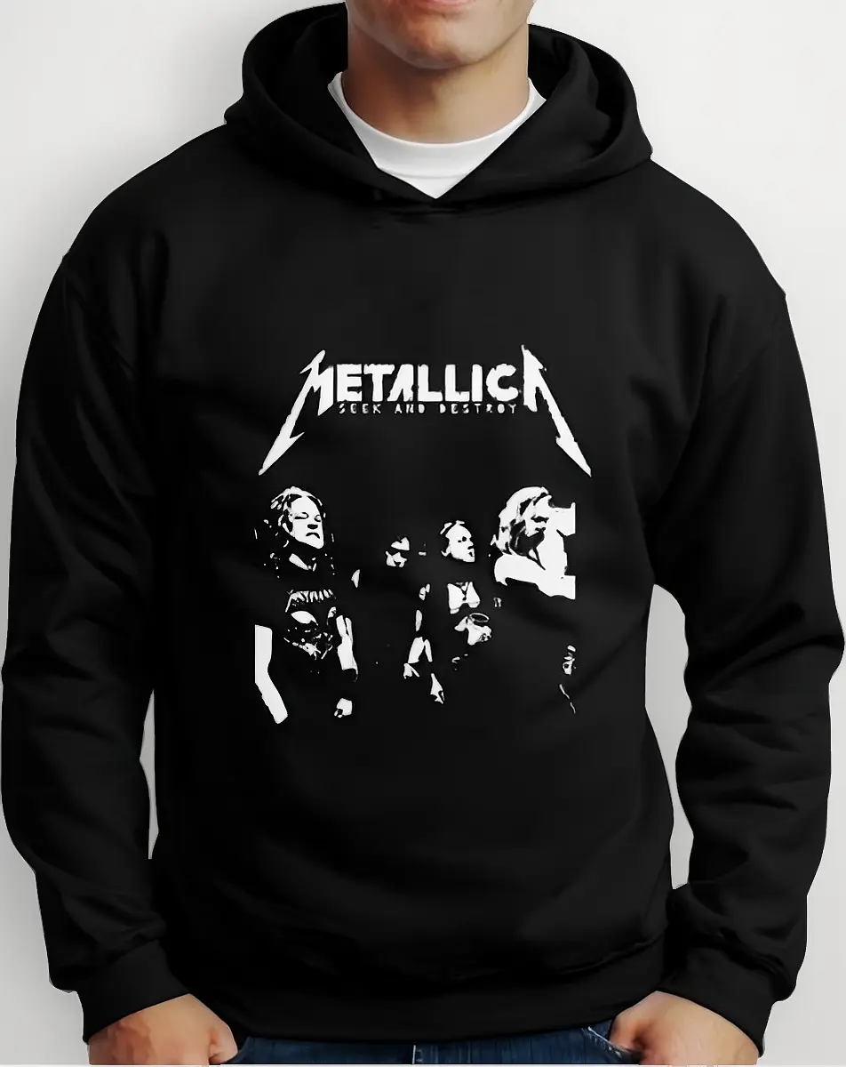 Moletom Silkscreen Estiloso Flanelado com Bolso e Capuz Metalica Preto