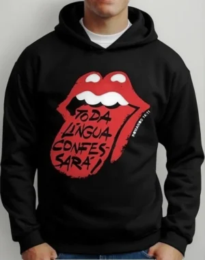 Moletom Silkscreen Estiloso Flanelado com Bolso e Capuz Toda Lingua Confessará