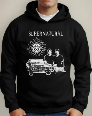 Moletom Silkscreen Estiloso Flanelado com Bolso e Capuz Sobrenatural Preto