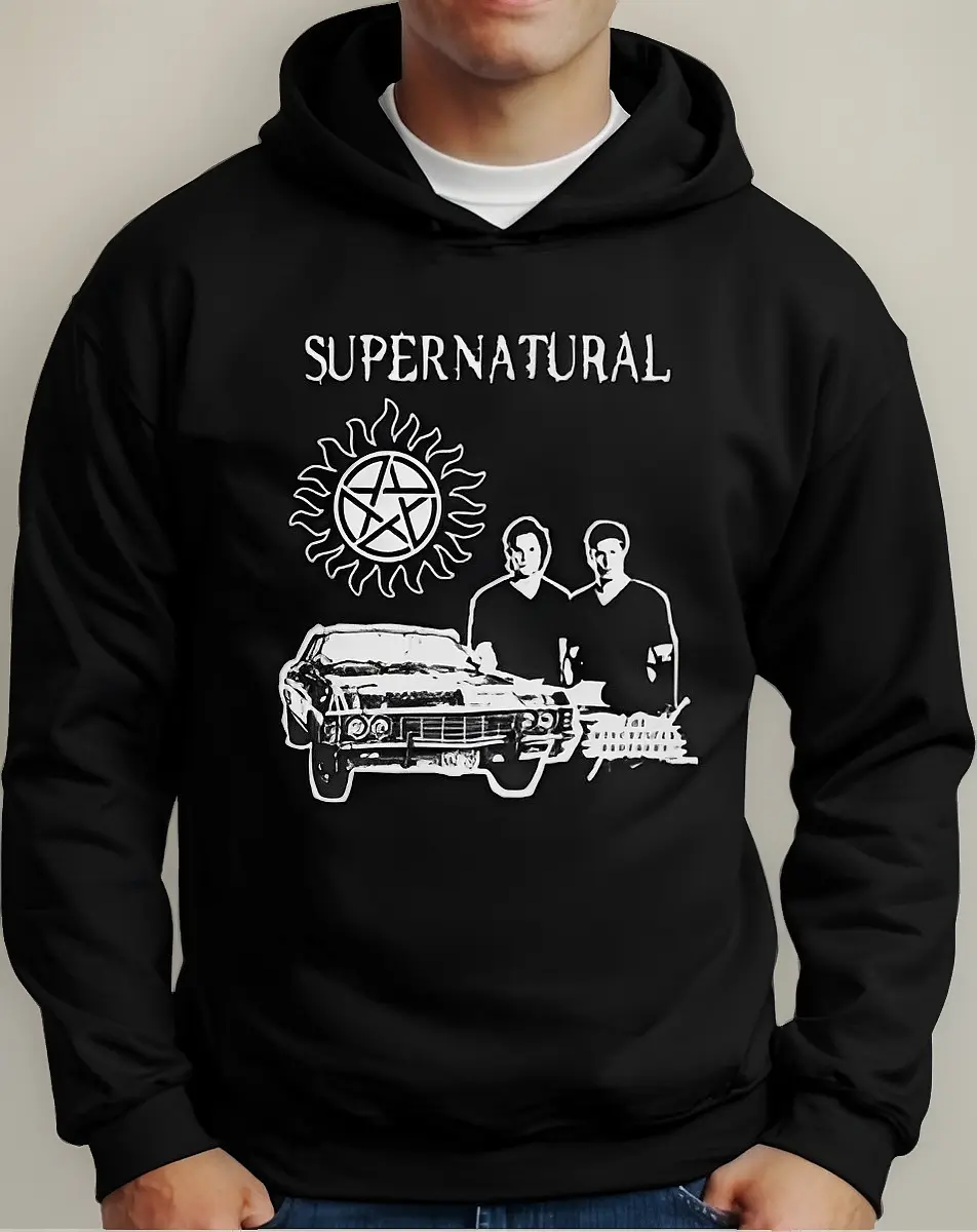 Moletom Silkscreen Estiloso Flanelado com Bolso e Capuz Sobrenatural Preto