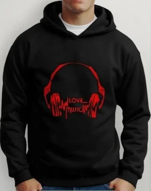 Moletom Silkscreen Estiloso Flanelado com Bolso e Capuz Fones Love Music Preto
