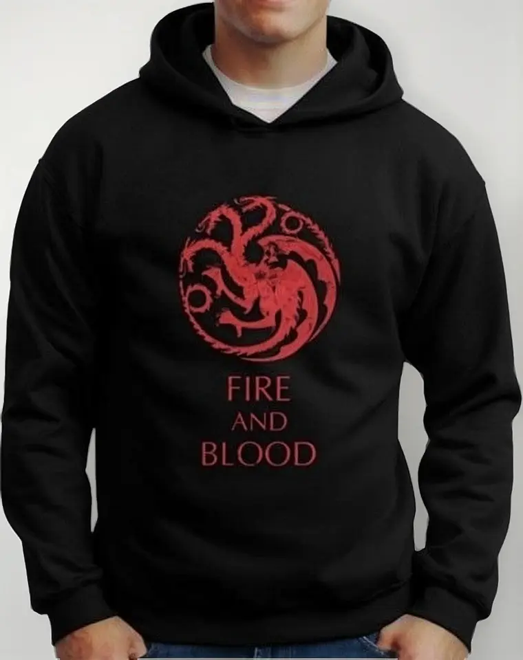 Moletom Silkscreen Estiloso Flanelado com Bolso e Capuz Game Of Trones Fire and Blood Preto