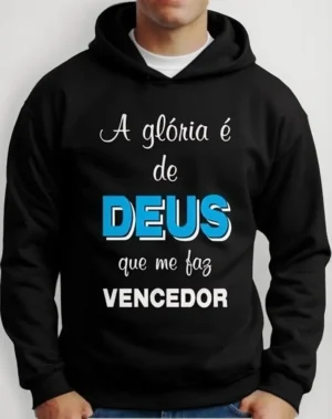 Moletom Silkscreen Estiloso Flanelado com Bolso e Capuz Gloria de Deus Preto