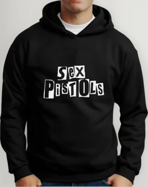 Moletom Silkscreen Estiloso Flanelado com Bolso e Capuz Sex Pistols Preto