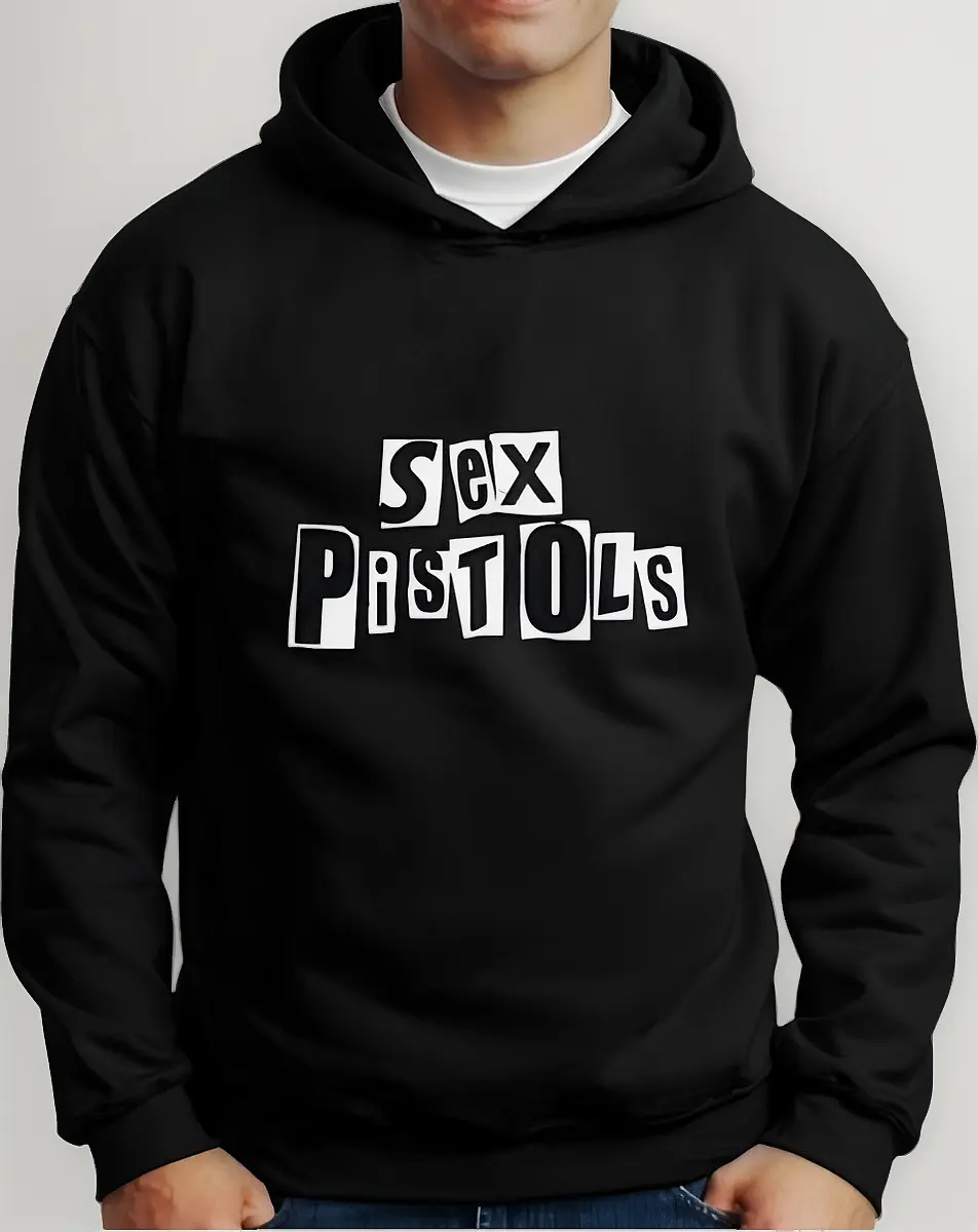 Moletom Silkscreen Estiloso Flanelado com Bolso e Capuz Sex Pistols Preto