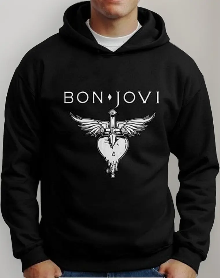Moletom Silkscreen Estiloso Flanelado com Bolso e Capuz Bon Jovi Preto