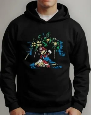 Moletom Silkscreen Estiloso Flanelado com Bolso e Capuz Mario X Tartarugas