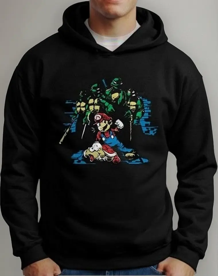Moletom Silkscreen Estiloso Flanelado com Bolso e Capuz Mario X Tartarugas