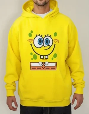 Moletom Silkscreen Estiloso Flanelado com Bolso e Capuz Bob Esponja Calça Quadrada Amarelo