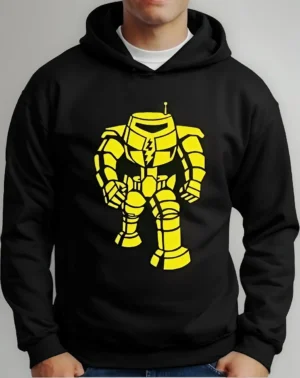 Moletom Silkscreen Estiloso Flanelado com Bolso e Capuz Robot Preto