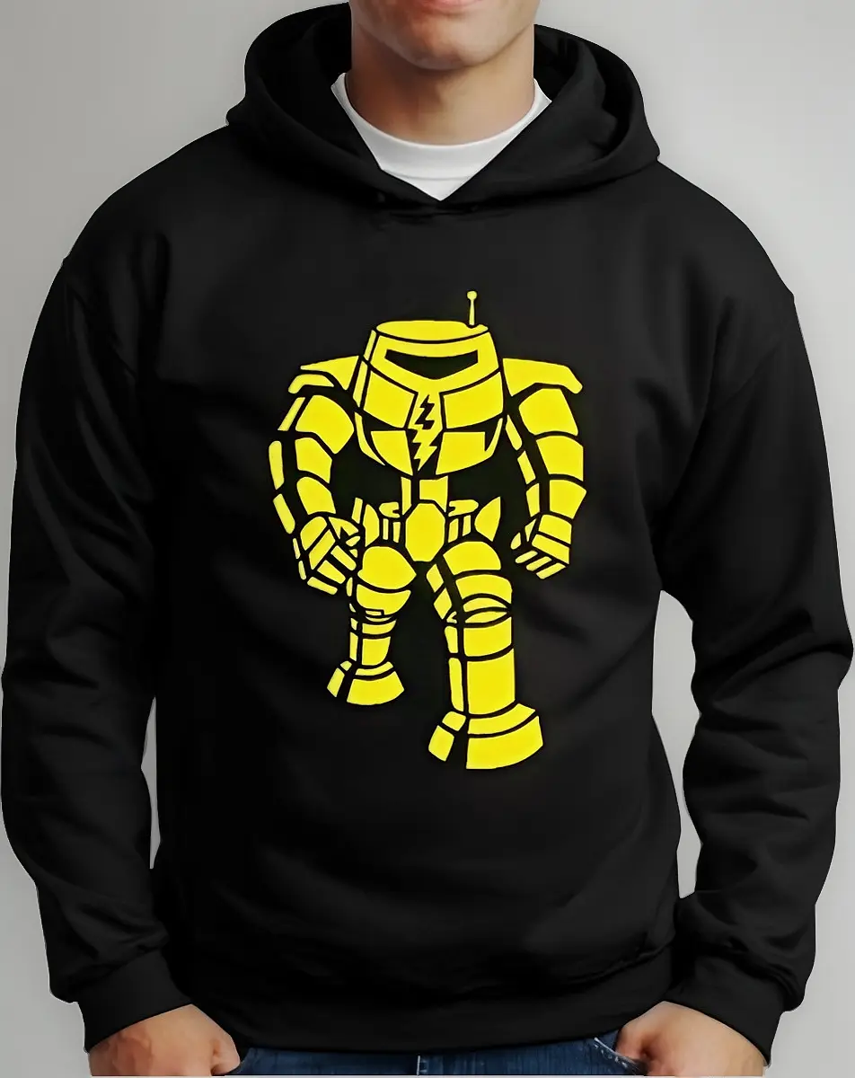 Moletom Silkscreen Estiloso Flanelado com Bolso e Capuz Robot Preto