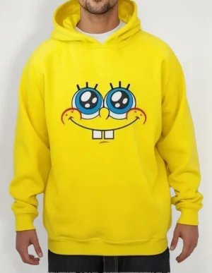 Moletom Silkscreen Estiloso Flanelado com Bolso e Capuz Bob Esponja Feliz Amarelo