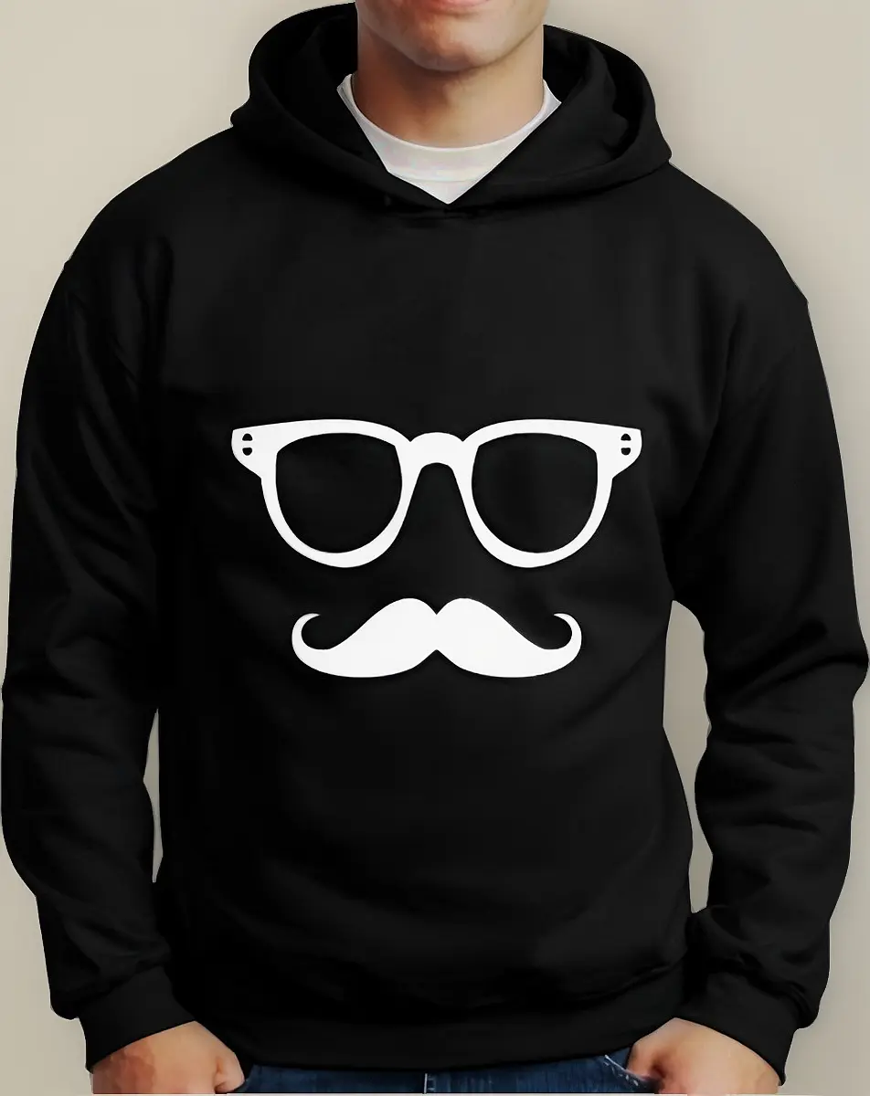 Moletom Silkscreen Estiloso Flanelado com Bolso e Capuz Mustache Preto