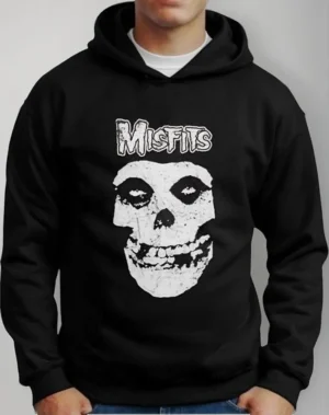 Moletom Silkscreen Estiloso Flanelado com Bolso e Capuz Misfits Preto