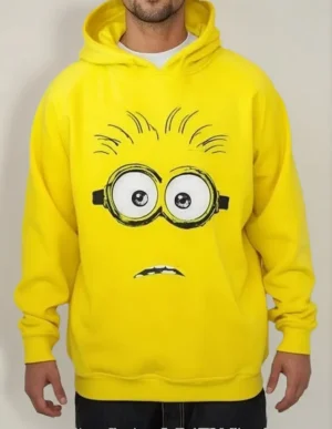 Moletom Silkscreen Estiloso Flanelado com Bolso e Capuz Minion Oculos Amarelo