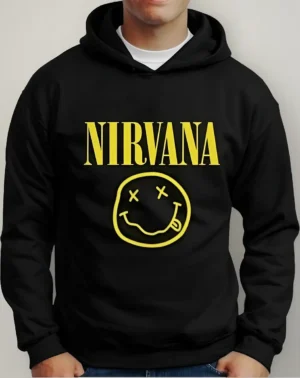 Moletom Silkscreen Estiloso Flanelado com Bolso e Capuz Nirvana Preto