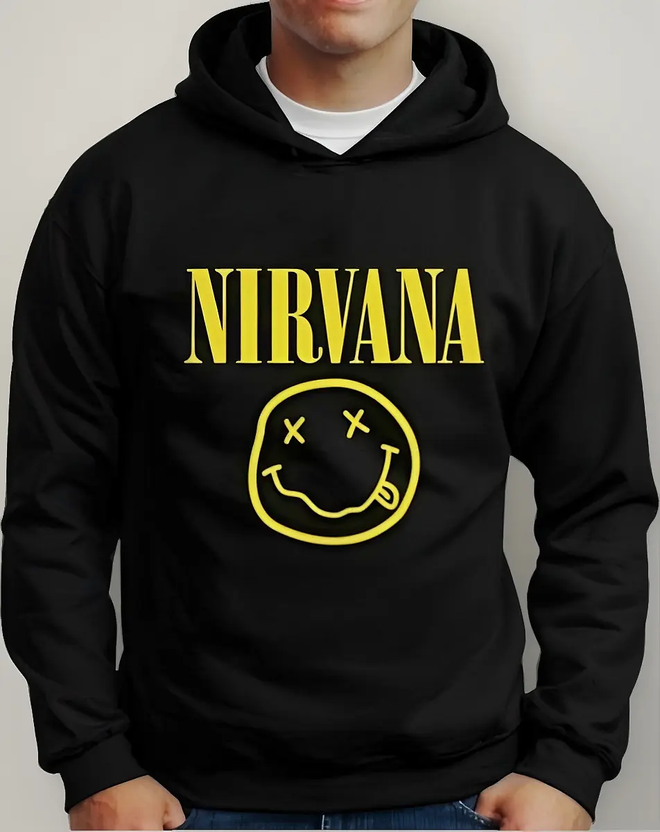 Moletom Silkscreen Estiloso Flanelado com Bolso e Capuz Nirvana Preto