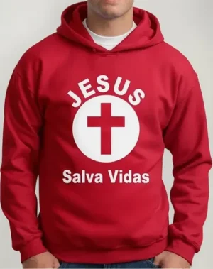 Moletom Silkscreen Estiloso Flanelado com Bolso e Capuz Jesus Salva Vidas vermelho