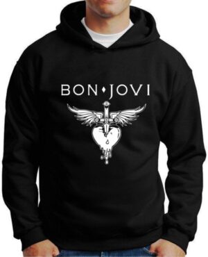 Moletom Silkscreen Estiloso Flanelado com Bolso e Capuz Bon Jovi Preta M-582