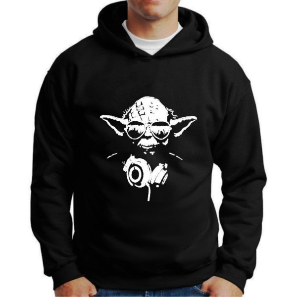 Moletom Silkscreen Estiloso Flanelado com Bolso e Capuz Yoda DJ Preto